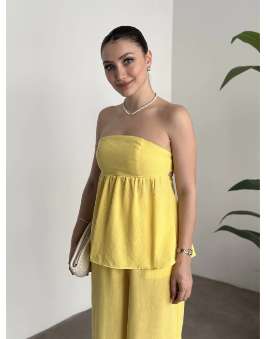 Straplez arkadan bağlama detaylı keten takım sarı