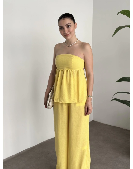 Straplez arkadan bağlama detaylı keten takım sarı