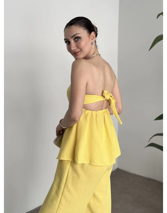 Straplez arkadan bağlama detaylı keten takım sarı