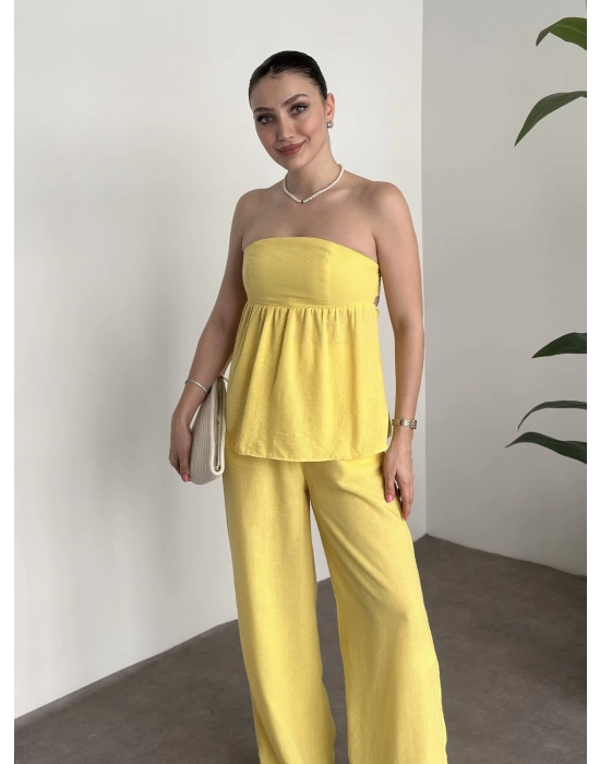 Straplez arkadan bağlama detaylı keten takım sarı