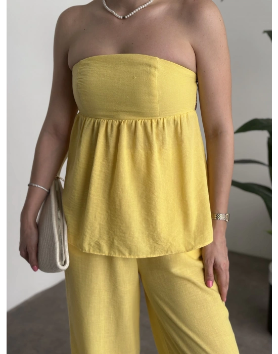 Straplez arkadan bağlama detaylı keten takım sarı
