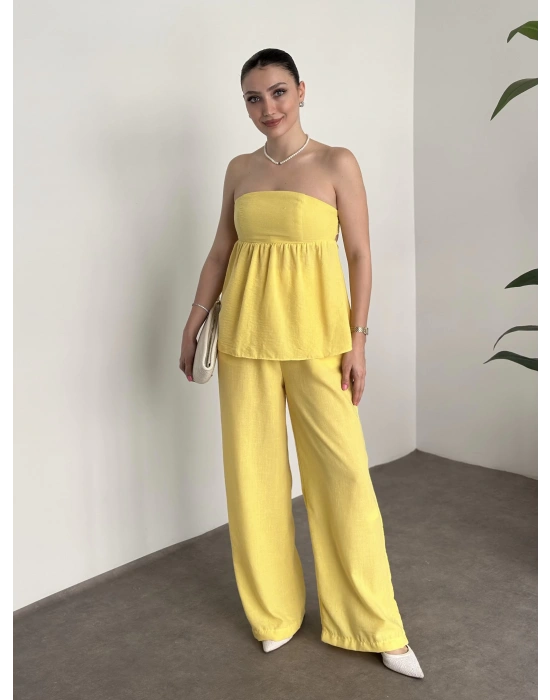 Straplez arkadan bağlama detaylı keten takım sarı