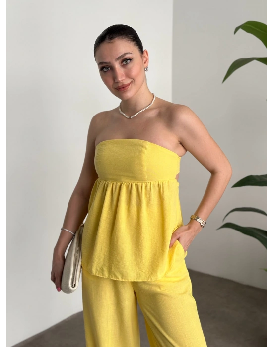 Straplez arkadan bağlama detaylı keten takım sarı