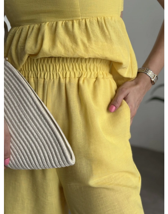 Straplez arkadan bağlama detaylı keten takım sarı