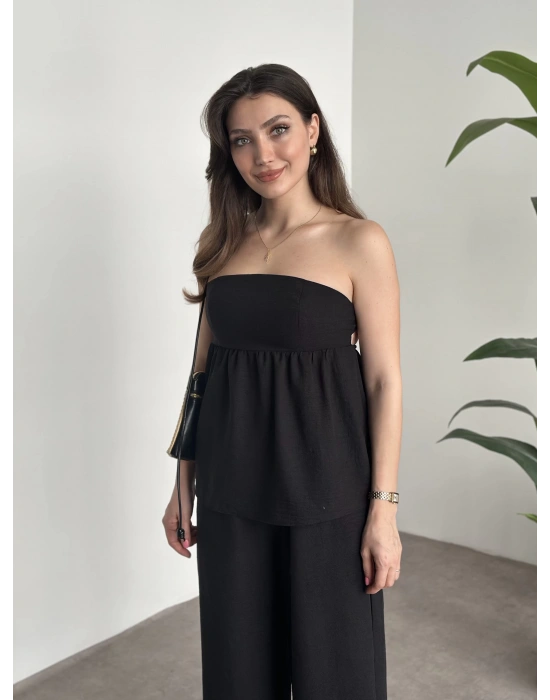 Straplez arkadan bağlama detaylı keten takım siyah