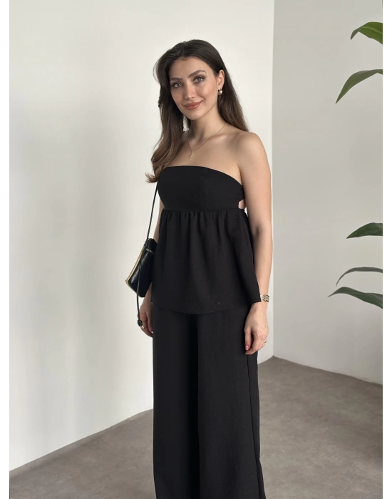 Straplez arkadan bağlama detaylı keten takım siyah