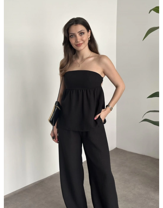 Straplez arkadan bağlama detaylı keten takım siyah