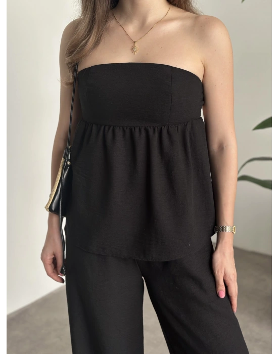 Straplez arkadan bağlama detaylı keten takım siyah