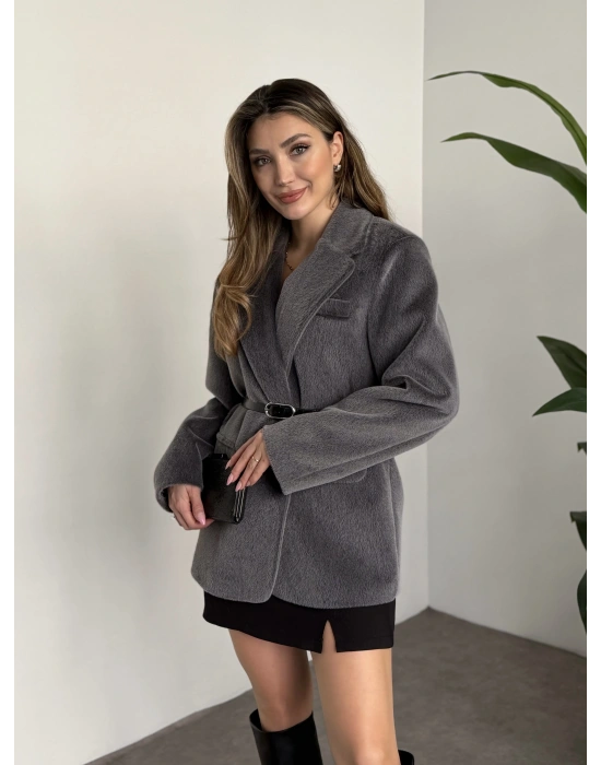 Tay tüyü astarlı kemerli ceket antrasit