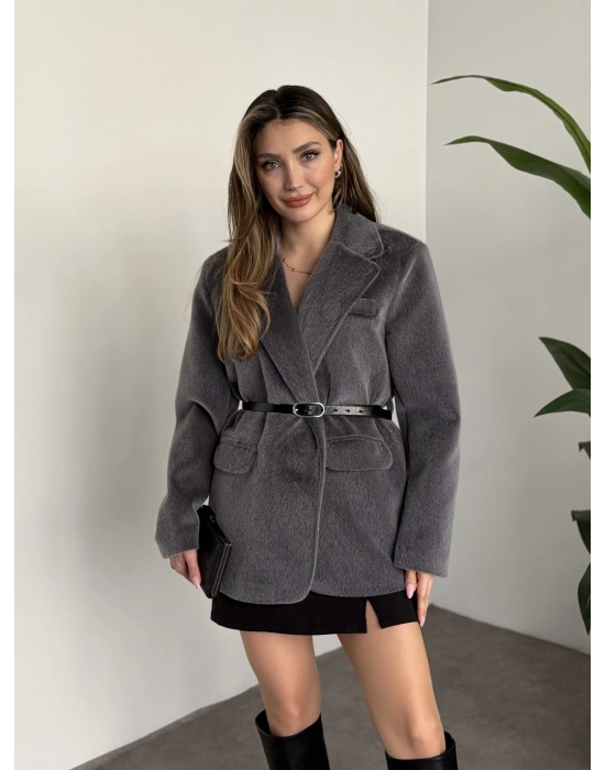 Tay tüyü astarlı kemerli ceket antrasit