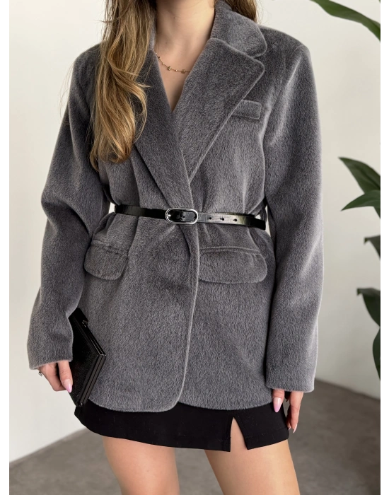 Tay tüyü astarlı kemerli ceket antrasit