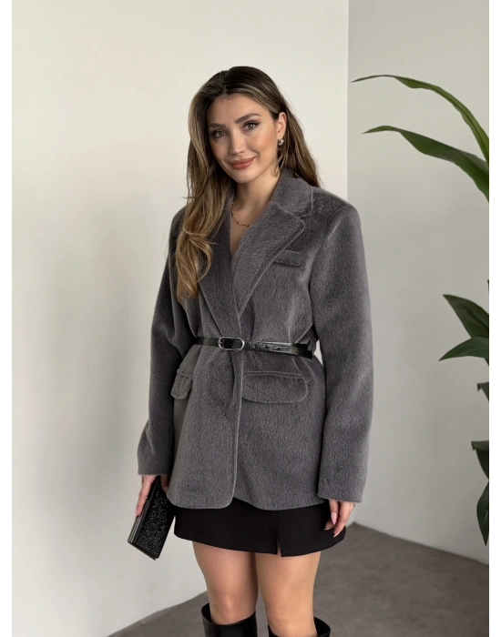 Tay tüyü astarlı kemerli ceket antrasit
