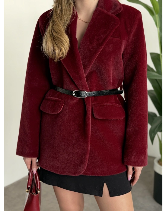 Tay tüyü astarlı kemerli ceket bordo