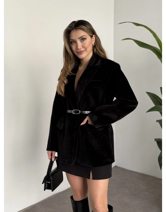 Tay tüyü astarlı kemerli ceket siyah