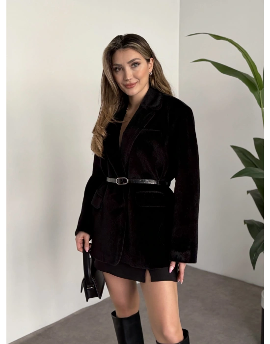 Tay tüyü astarlı kemerli ceket siyah