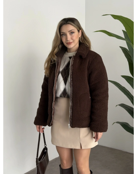 Teddy biye detaylı fermuarlı mont kahve