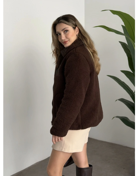 Teddy biye detaylı fermuarlı mont kahve