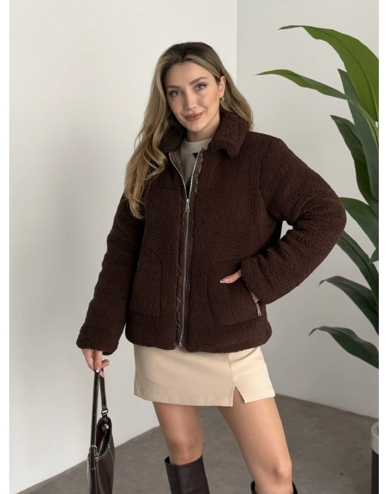 Teddy biye detaylı fermuarlı mont kahve