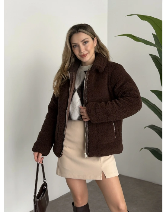 Teddy biye detaylı fermuarlı mont kahve