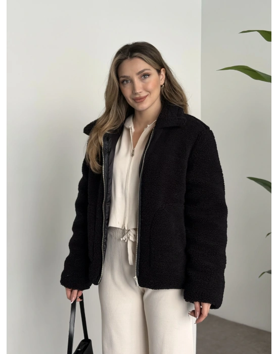 Teddy biye detaylı fermuarlı mont siyah