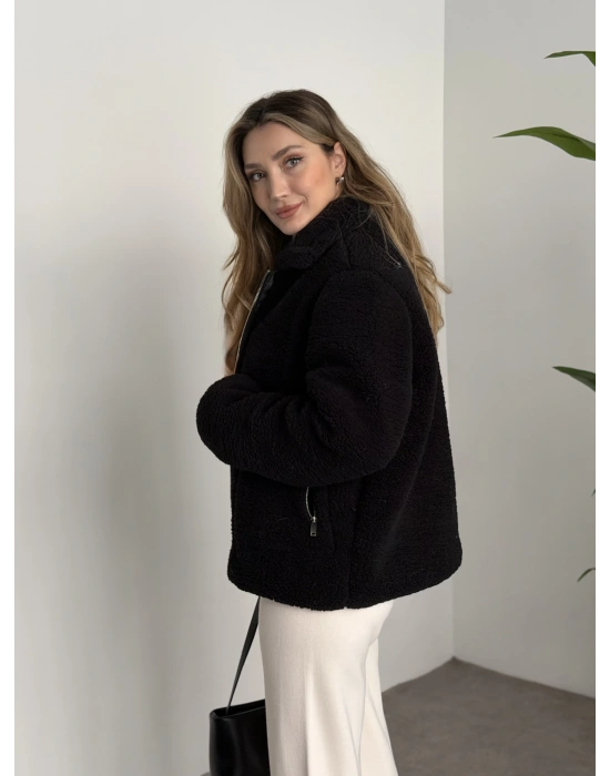 Teddy biye detaylı fermuarlı mont siyah