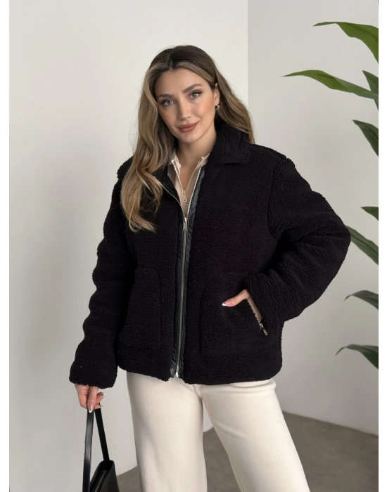 Teddy biye detaylı fermuarlı mont siyah