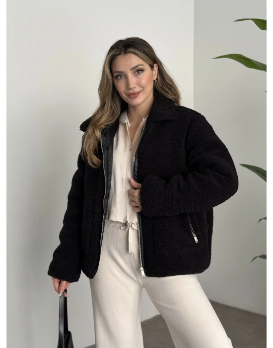 Teddy biye detaylı fermuarlı mont siyah