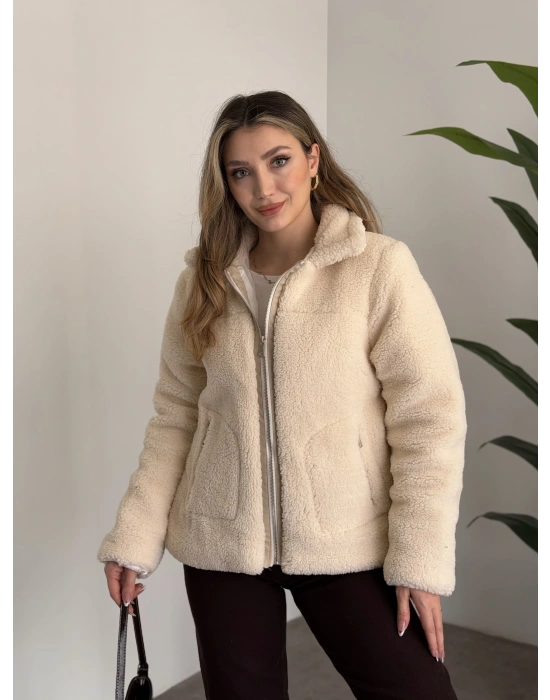 Teddy biye detaylı fermuarlı mont taş