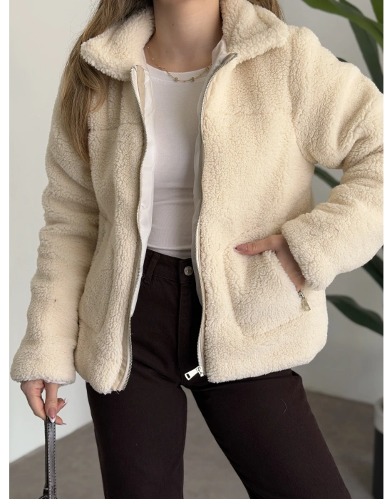 Teddy biye detaylı fermuarlı mont taş