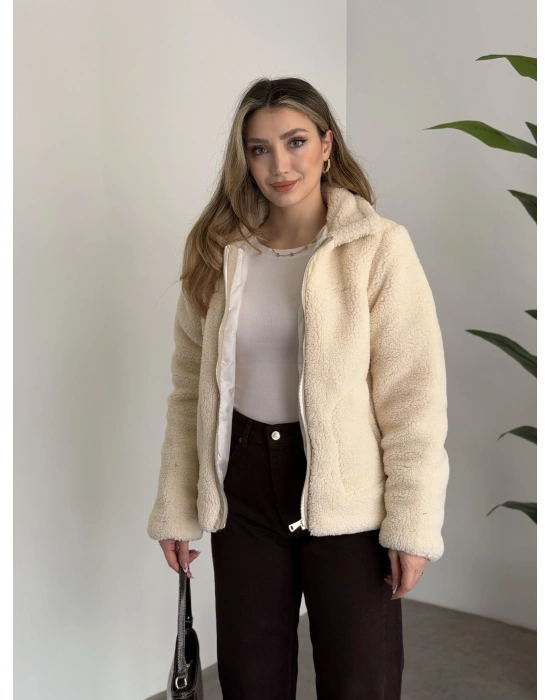 Teddy biye detaylı fermuarlı mont taş