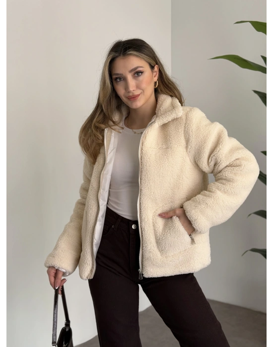 Teddy biye detaylı fermuarlı mont taş