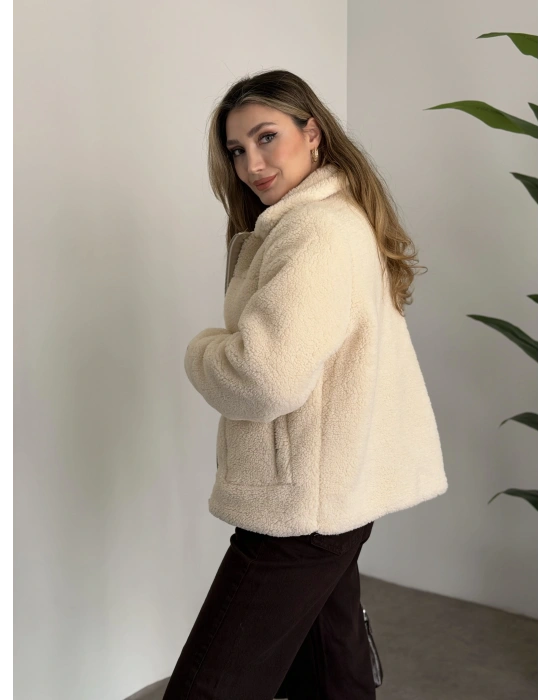 Teddy biye detaylı fermuarlı mont taş