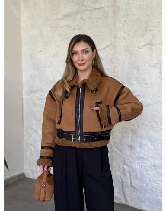 Teddy Deri Detaylı Pilot Mont taba