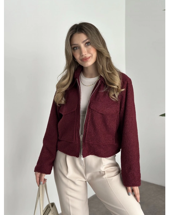 Teddy fermuarlı astarlı kısa ceket bordo