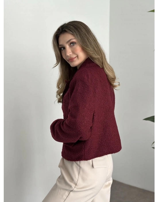 Teddy fermuarlı astarlı kısa ceket bordo