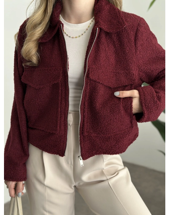 Teddy fermuarlı astarlı kısa ceket bordo