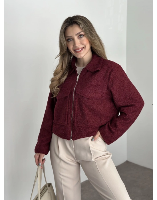 Teddy fermuarlı astarlı kısa ceket bordo