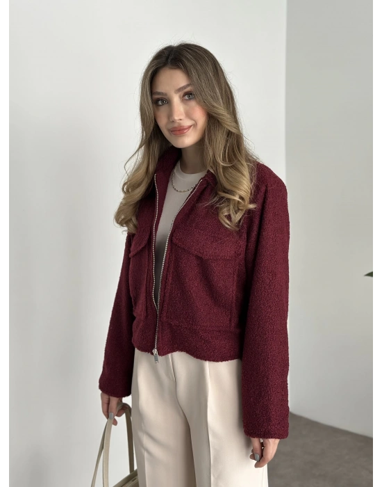 Teddy fermuarlı astarlı kısa ceket bordo