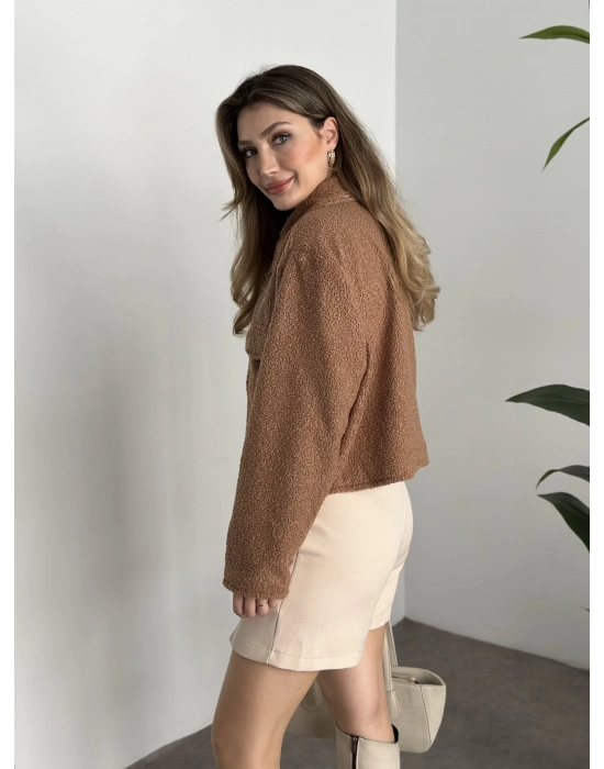 Teddy fermuarlı astarlı kısa ceket camel