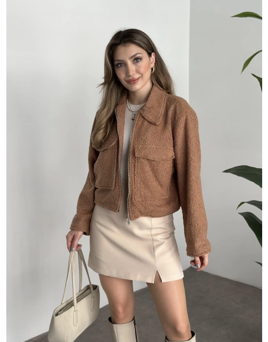 Teddy fermuarlı astarlı kısa ceket camel
