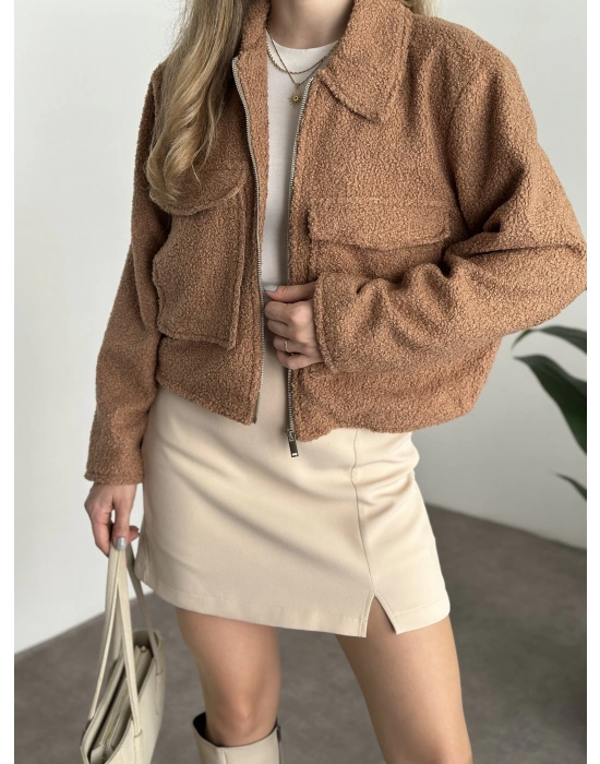 Teddy fermuarlı astarlı kısa ceket camel
