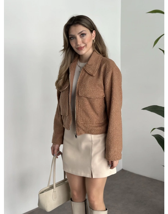 Teddy fermuarlı astarlı kısa ceket camel