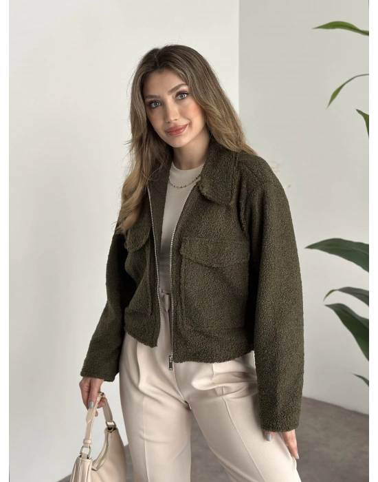 Teddy fermuarlı astarlı kısa ceket haki