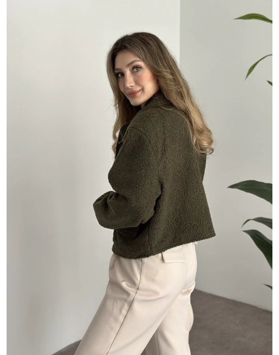 Teddy fermuarlı astarlı kısa ceket haki