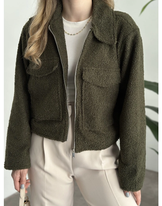 Teddy fermuarlı astarlı kısa ceket haki