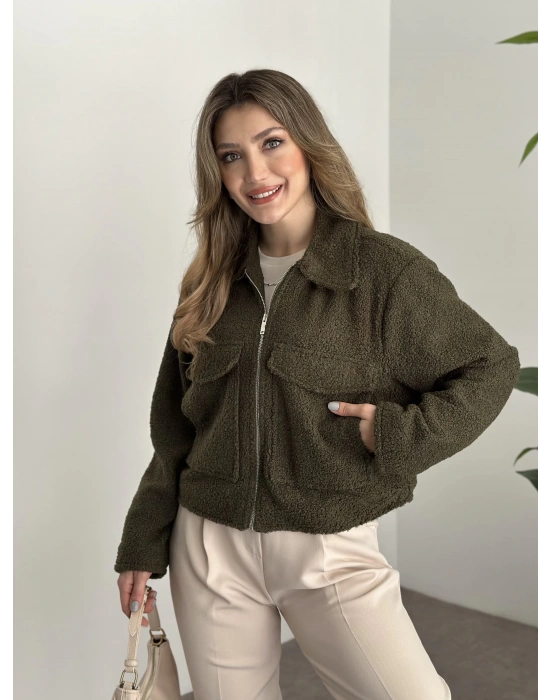 Teddy fermuarlı astarlı kısa ceket haki
