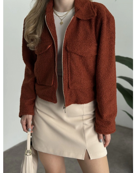 Teddy fermuarlı astarlı kısa ceket kiremit