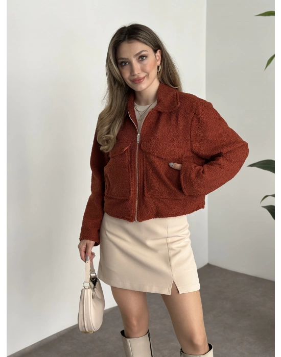 Teddy fermuarlı astarlı kısa ceket kiremit