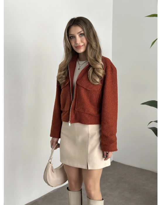 Teddy fermuarlı astarlı kısa ceket kiremit
