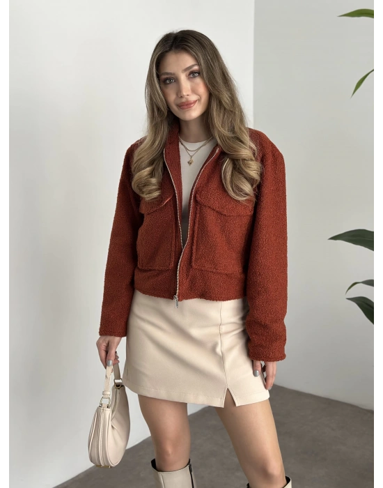 Teddy fermuarlı astarlı kısa ceket kiremit
